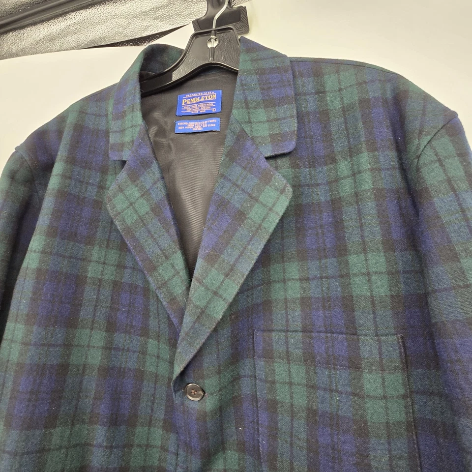 Vintage Pendleton Black Watch Plaid Blazer Wool Mens Green Blue 3 Button Jacket - Image 2 of 4