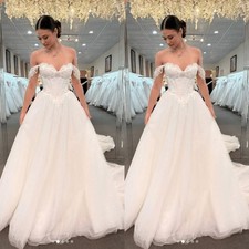 Classic Wedding Dresses Lace Off The Shoulder Tulle Sweep Train Bridal Gowns