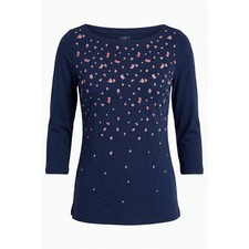 Loft Outlet Navy Blue Heart Print 3/4 Sleeve Boat Neck Cotton Top XS 491079