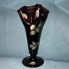 FENTON Hand Painted Aubergine Amethyst LEAVES Swung Ruffle Vase J Cutshaw