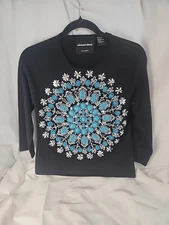 Vtg Silk Embellished Michael Simon Small Sweater Silver Turquoise BeadedSequined
