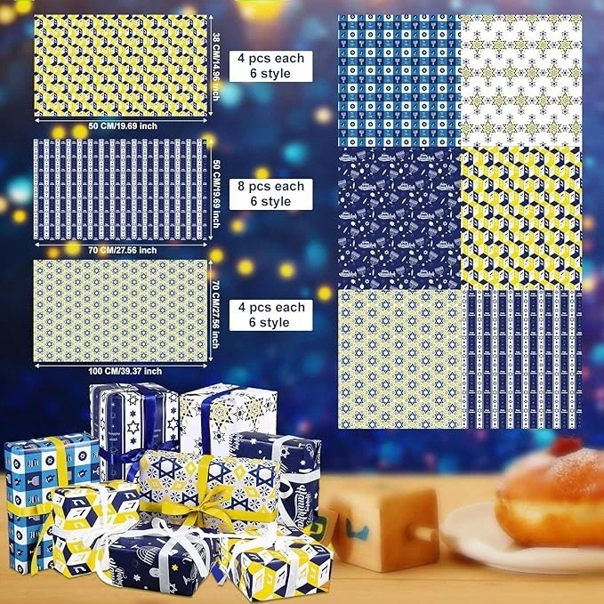 Gueevin 96 Sheets Hanukkah Gift Wrap New Assorted Designs - Image 2 of 4
