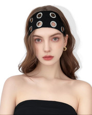 Grommet Headband for Women Men Eyelet Hair Band Wide Black