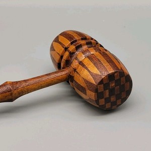Vtg Checkered Design Handcrafted Brown Wooden Gavel Judge Auction Décor 9" Long