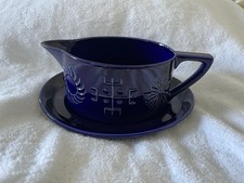 Vintage Portmeirion Gravy Sauce Jug And Saucer In Cobalt Blue Totem Design.