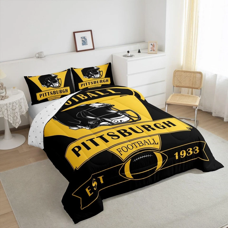 Juego de edredón de fútbol americano, juego de cama Pittsburgh tamaño king, fútbol americano cit... Foto 4 de 4
