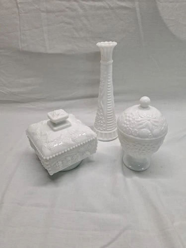 Lot of 3 Vintage Milk Glass Vase and 2 Candy Dishs