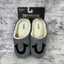 NWT True Religion Men's Slippers X-Large 13 Gray Sherpa Lined Logo