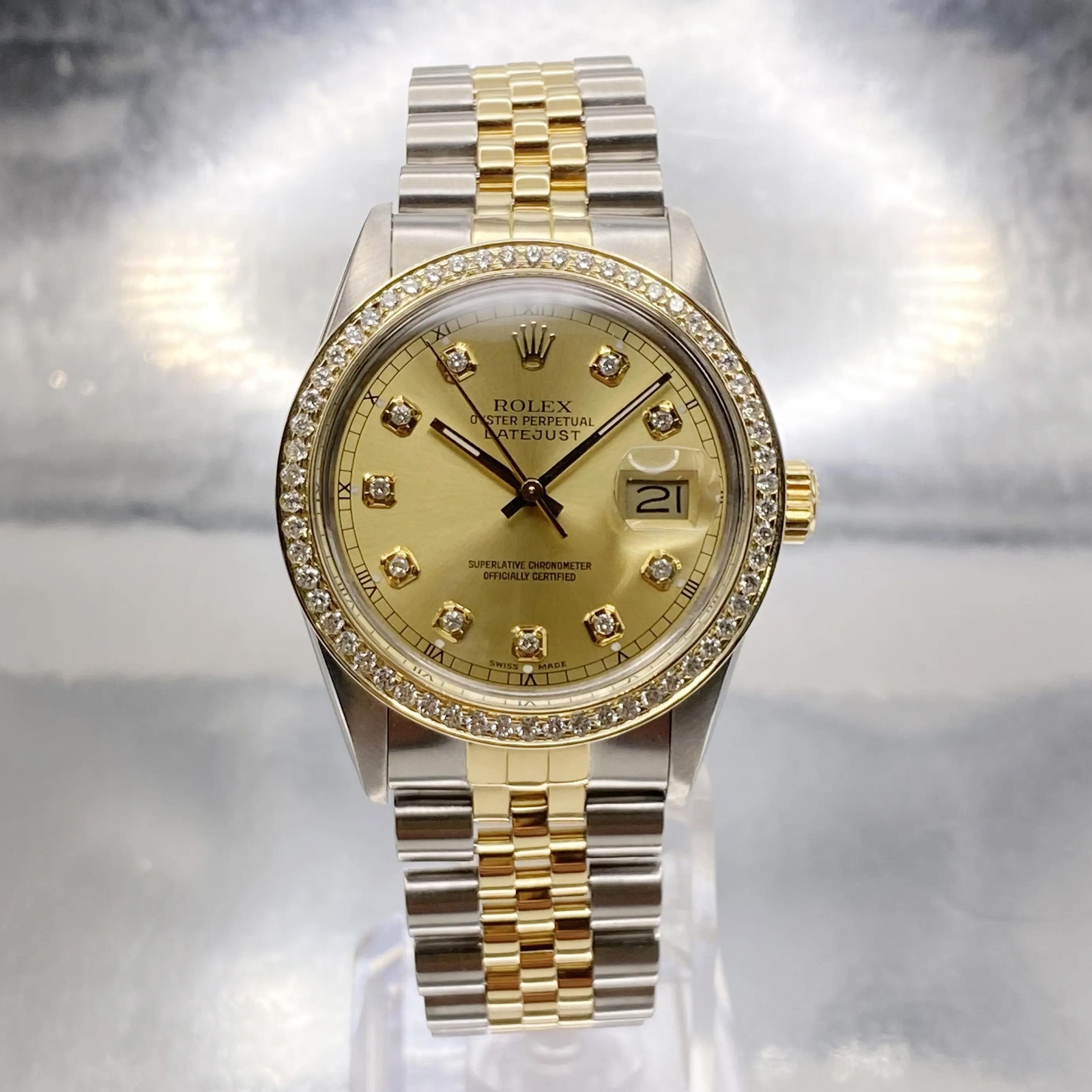 Rolex Datejust 16233 Yellow Gold Steel Custom Bezel Champagne Diamond Dial Watch