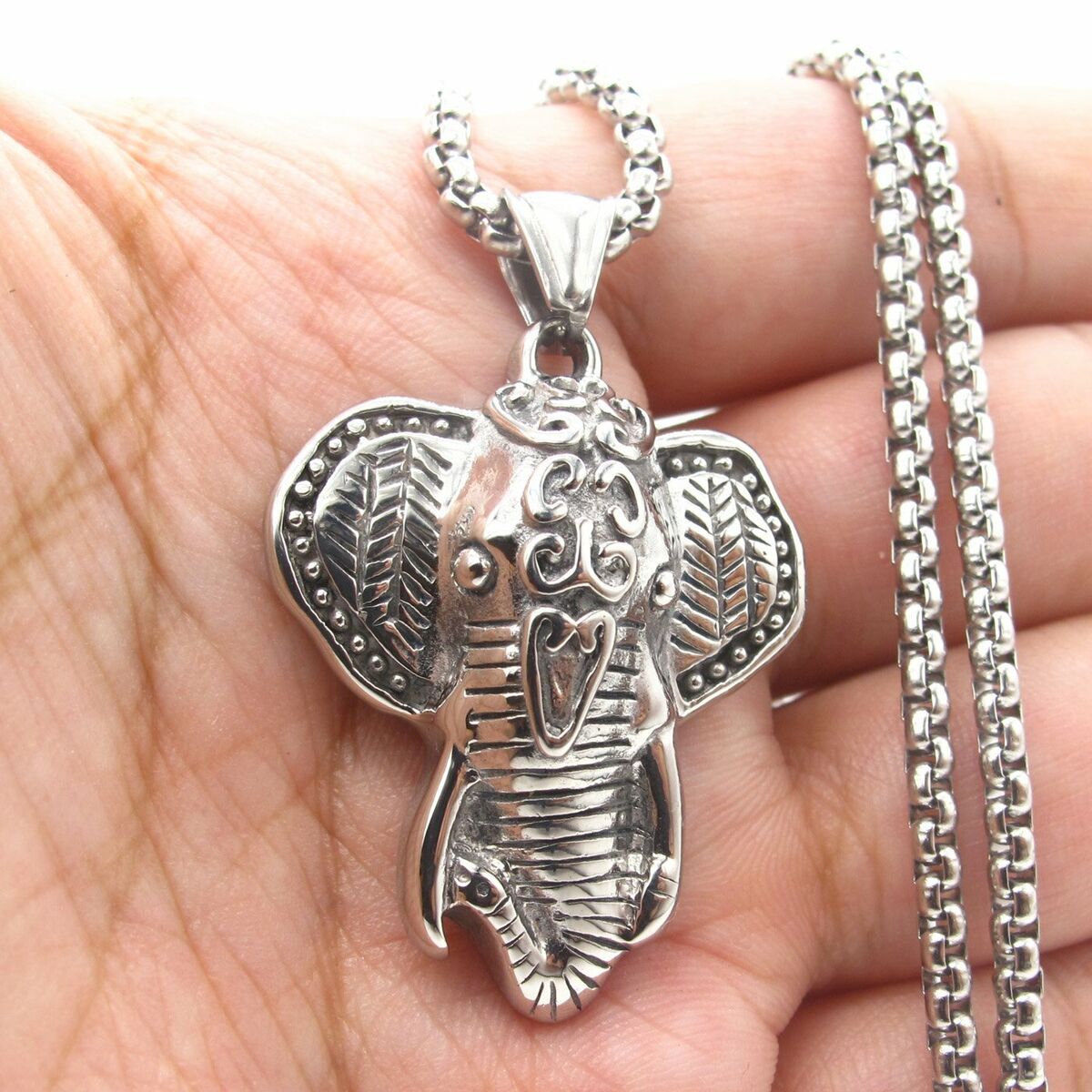 MENDEL Stainless Steel Lucky Elephant Head Charm Necklace Silver | eBay