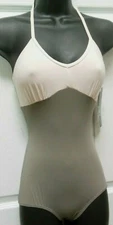 2 tone halter leotard P333 empire waist Taupe Pink pearl Ladies sizes BodyWrappr