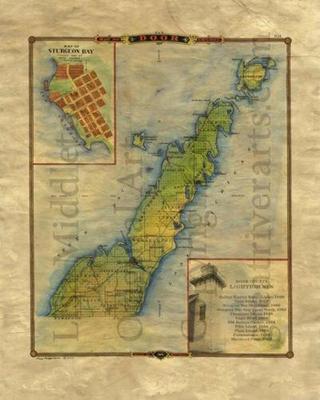 37 Door County with Lighthouse Inset vintage historic antique map print Wall Art
