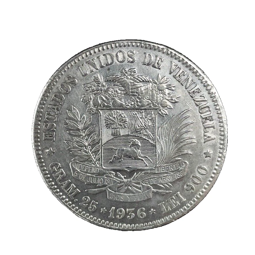 1936 VENEZUELA 5 BOLÍVARES (25 GRAM) .900 Silver Crown Size Coin #27 Y#24.2 - Image 2 of 4