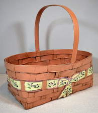 Wicker Slated Oval Basket, Peach Cream Hand Painted w/Flowers, Handle, 3-D Bow