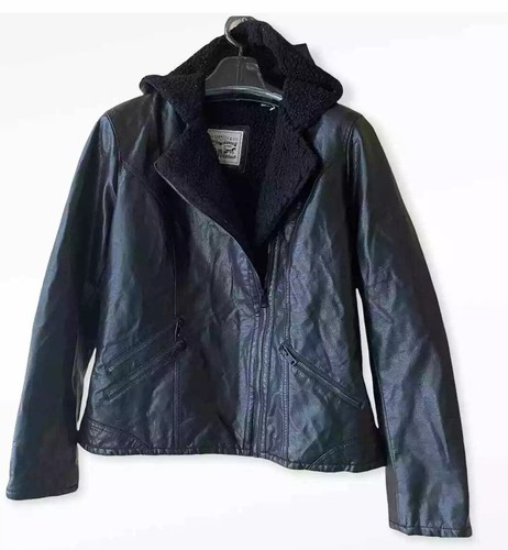 faux Leather Hooded Moto Jacket Size 