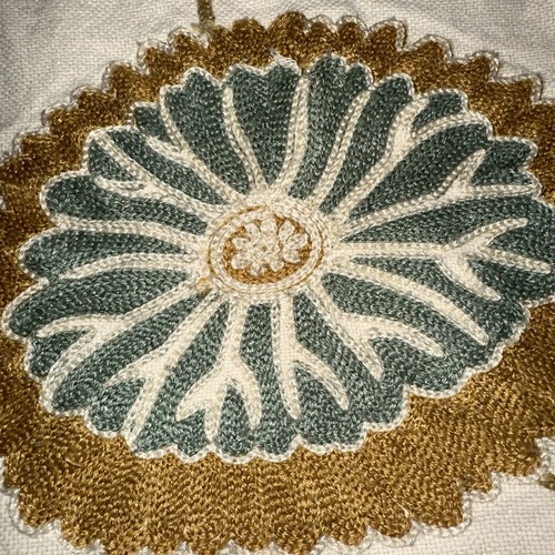 Handmade Embroidery Burnt Orange Green &Cream Floral Pillow Cover Linen 17x17 - Picture 5 of 13