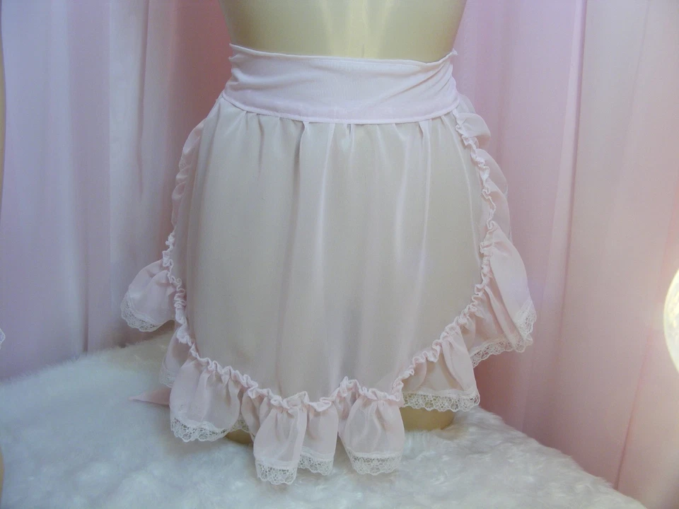 adult baby sissy pink chiffon apron fancydress cosplay vintage french maid pinny - Image 3 of 3