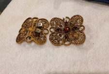 Vtg Mid Century Signed Musi Filigree Amber Stones Gold Tone Shoe Clips Buckles