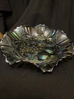 Vintage Carnival Iridescent Blue Glass Bowl 10 In Diameter Ruffled Edge Chip