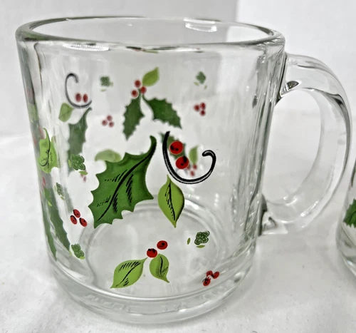 2 VTG Libbey Holly Berry Clear Glass Mugs Christmas made in USA