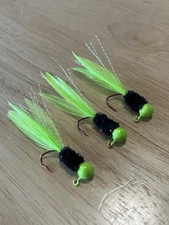 Three hand tied 1/16 crappie jigs 