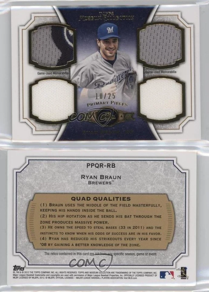 2012 Museum Collection Primary Pieces Quad Relics Gold 10/25 Ryan Braun q3x - Image 3 of 3