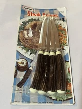 VTG Nevco Steak Knife Set 4 Japan 1967 NOS Faux Stag Handle Bakelite MCM Sealed