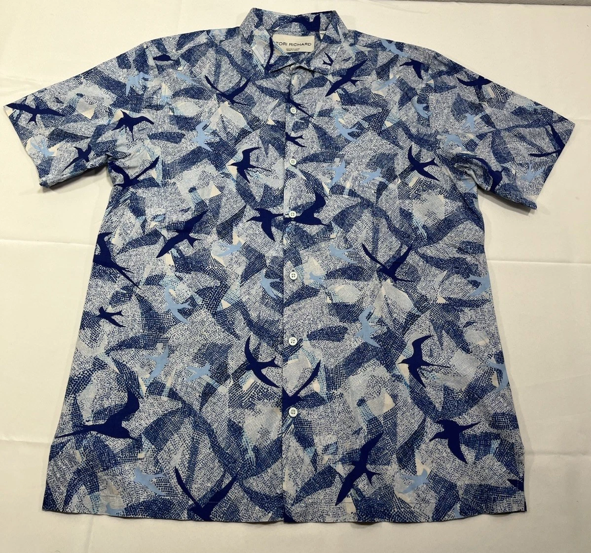 Tori Richard Mens Blue Bird Print Cotton Lawn Hawaiian Shirt Size Large Button
