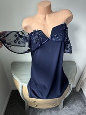 Navy Blue 3D Floral Applique Off Shoulder Cocktail Evening Dress XL Event