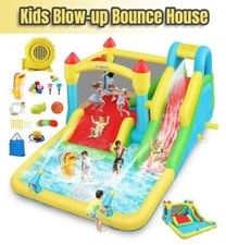 🏖️Inflatable Waterslide Park Blow Up Water Park w/Air Blower&2 Water Cannon 🏖️