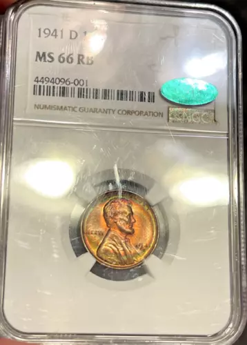 1941 D 1c Lincoln Wheat Penny NGC MS66 RB - Toned!