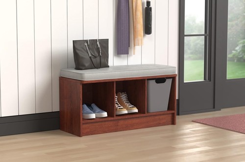 Compact Dark Cherry Storage Bench with Gray Cushion - 3 Cubes for Organization - Picture 4 of 12