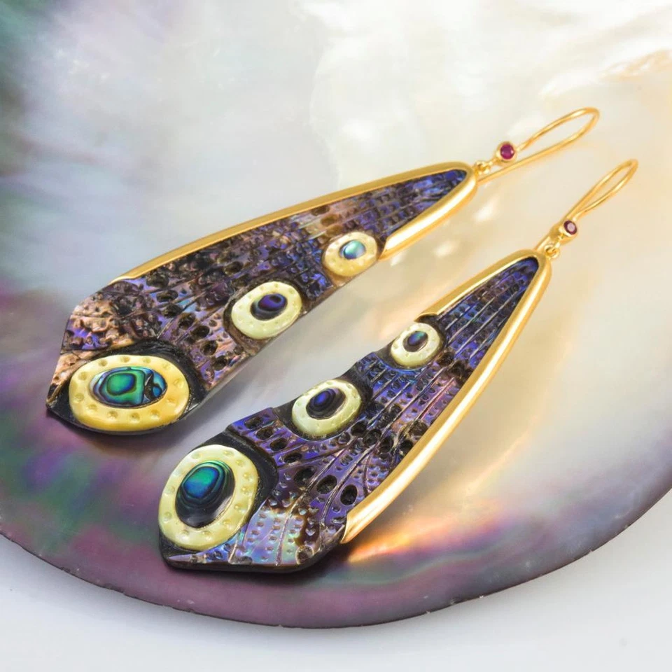 Pendientes Ala Libélula Abulón Talla Oro Vermeil Esterlina y Rubí 11.18 g Foto 3 de 4