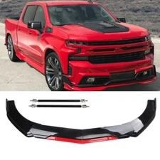 For Chevy Silverado 1500 Glossy Black Front Bumper Red Lip Splitter + Strut Rods