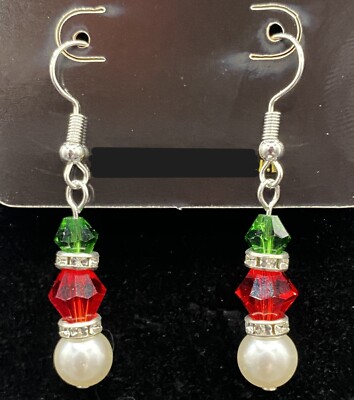 Handmade Faux Pearl Red & Green Crystal Bead Silver Tone Earrings by Neanie-Bot