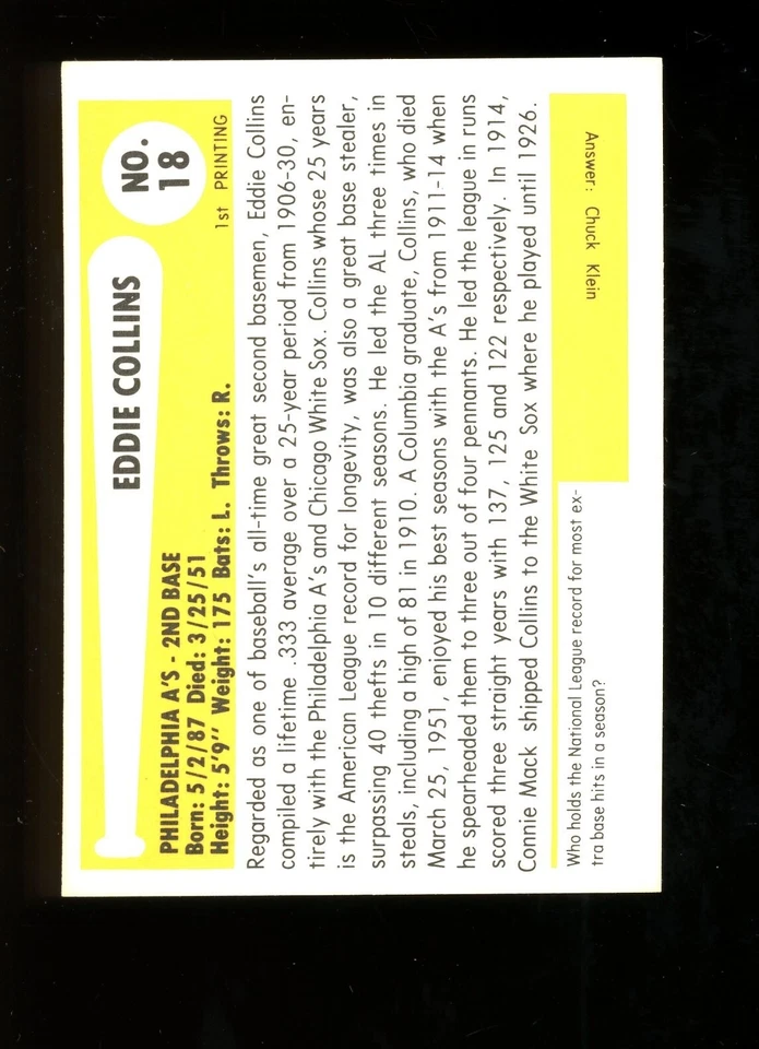 1980 TCMA Baseball Immortals #18 Eddie Collins A's 1st Printing Set Break - Image 2 of 2