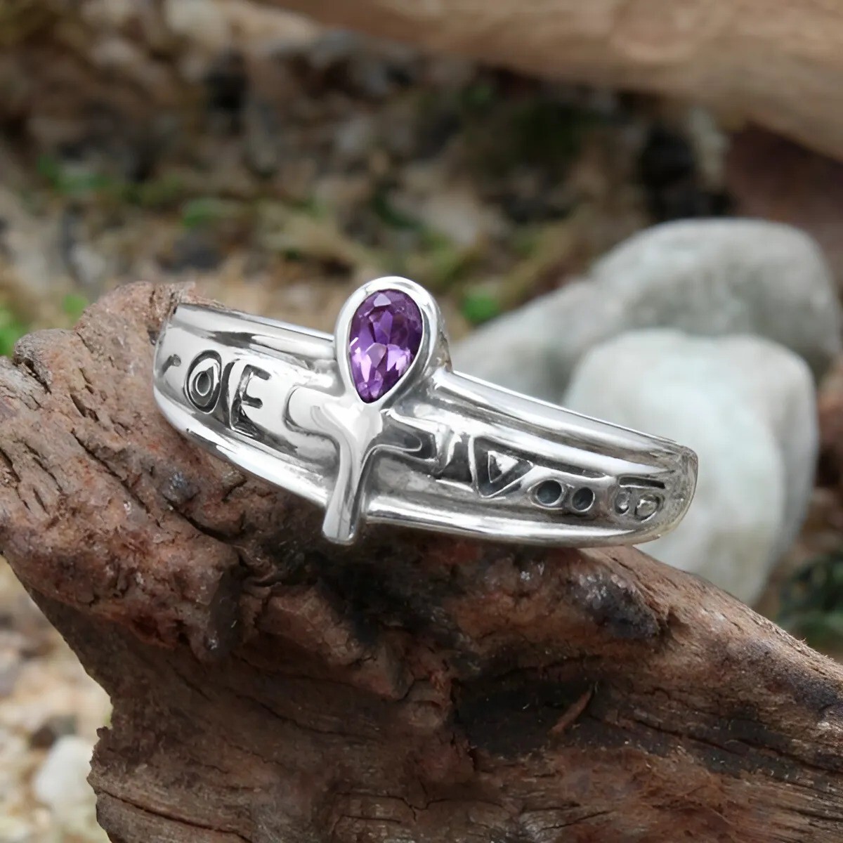 925 Sterling Silver Egyptian Ankh Ring - Symbol of Life - Amethyst 