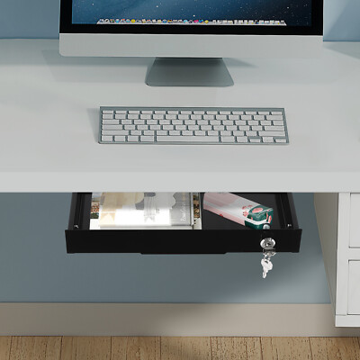Under Desk Mounted Drawer Storage Sliding Out Tray Black Space Saver With Keys