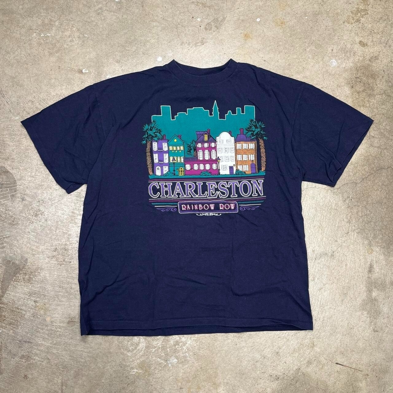 FILA T shirt vintage Charleston Rainbow Row blu navy punto singolo