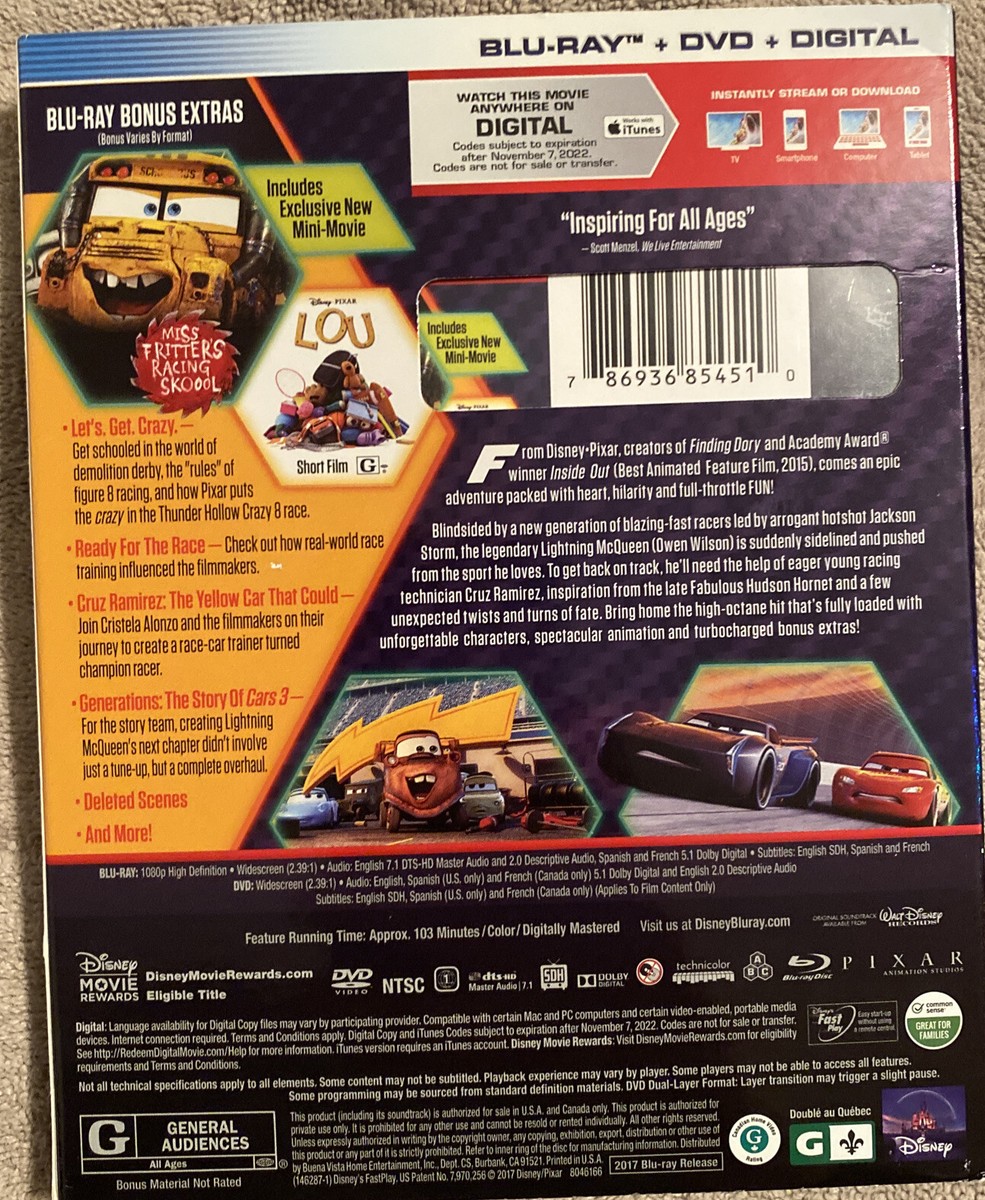 DISNEY PIXAR, Cars 3(Blu-ray, DVD, Amazing Condition!!! Codes