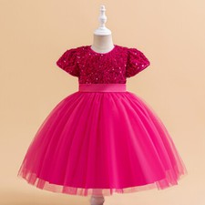 Fluffy Sequin Party Girls Dress Elegant Bow Wedding Birthday Princess Dress Gown