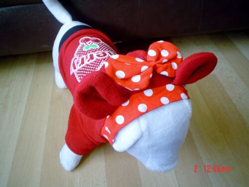 Lovely Cute Red Cherry Dog Coat 10 Inch 23cm Length With Ears and Bow - Picture 1 of 2