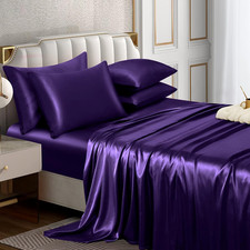 6 Piece Satin Sheet Set Size Luxury Silky Soft Satin Bed Sheet Queen Purple