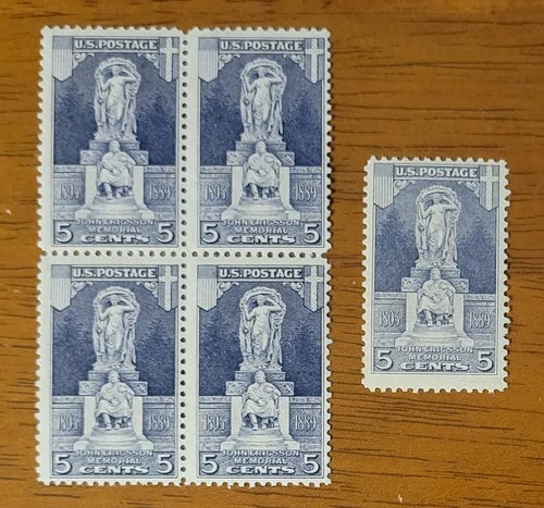 Vintage US Stamp #628 Ericsson Memorial Block Of 4 & Single MNH, MH OG - CV $40