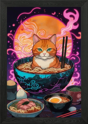 Orange Cat in Ramen Bowl Framed Wall Art Poster Canvas Print Picture