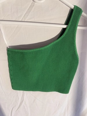 Babaton Women's Green Solid One Shoulder Rib Knit Cropped Tank Top Size M