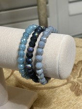 Faceted Czech Crystal Glass Stretch Bracelets Blue Gray Stack Boho Set 3