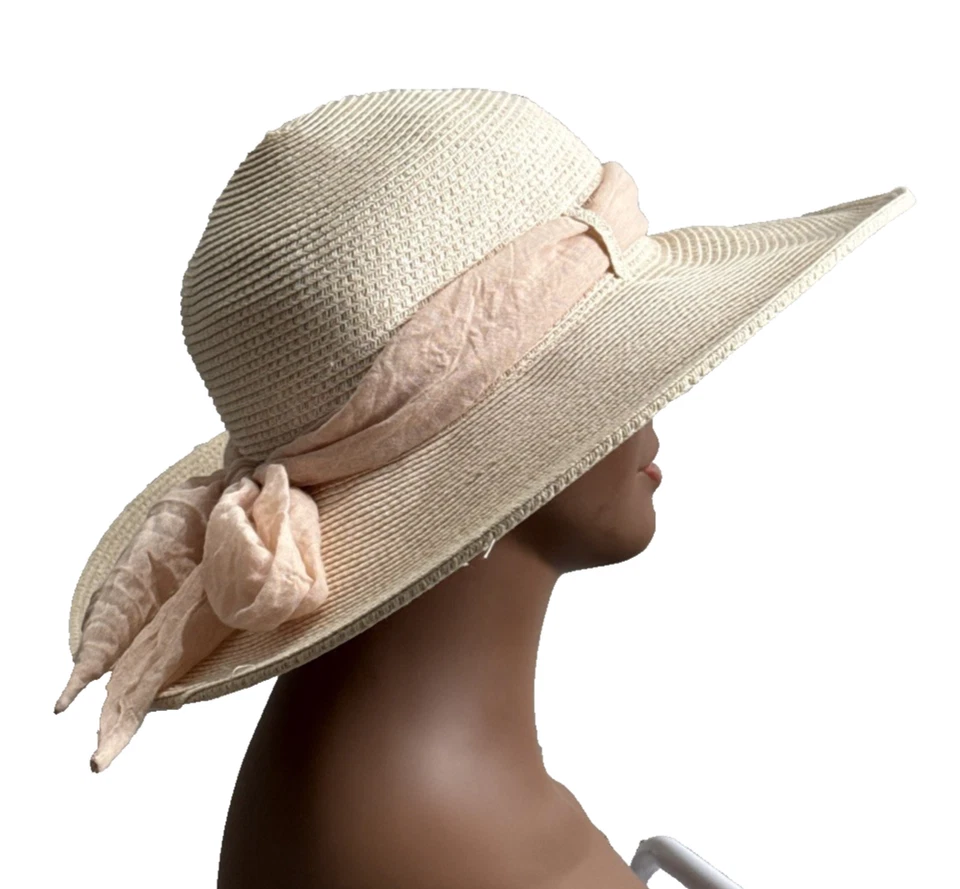 Sombrero de Paja ☀️ Rubor Rosa Cinta Ala Ancha Nine West Cruise Cottagecore Foto 4 de 4