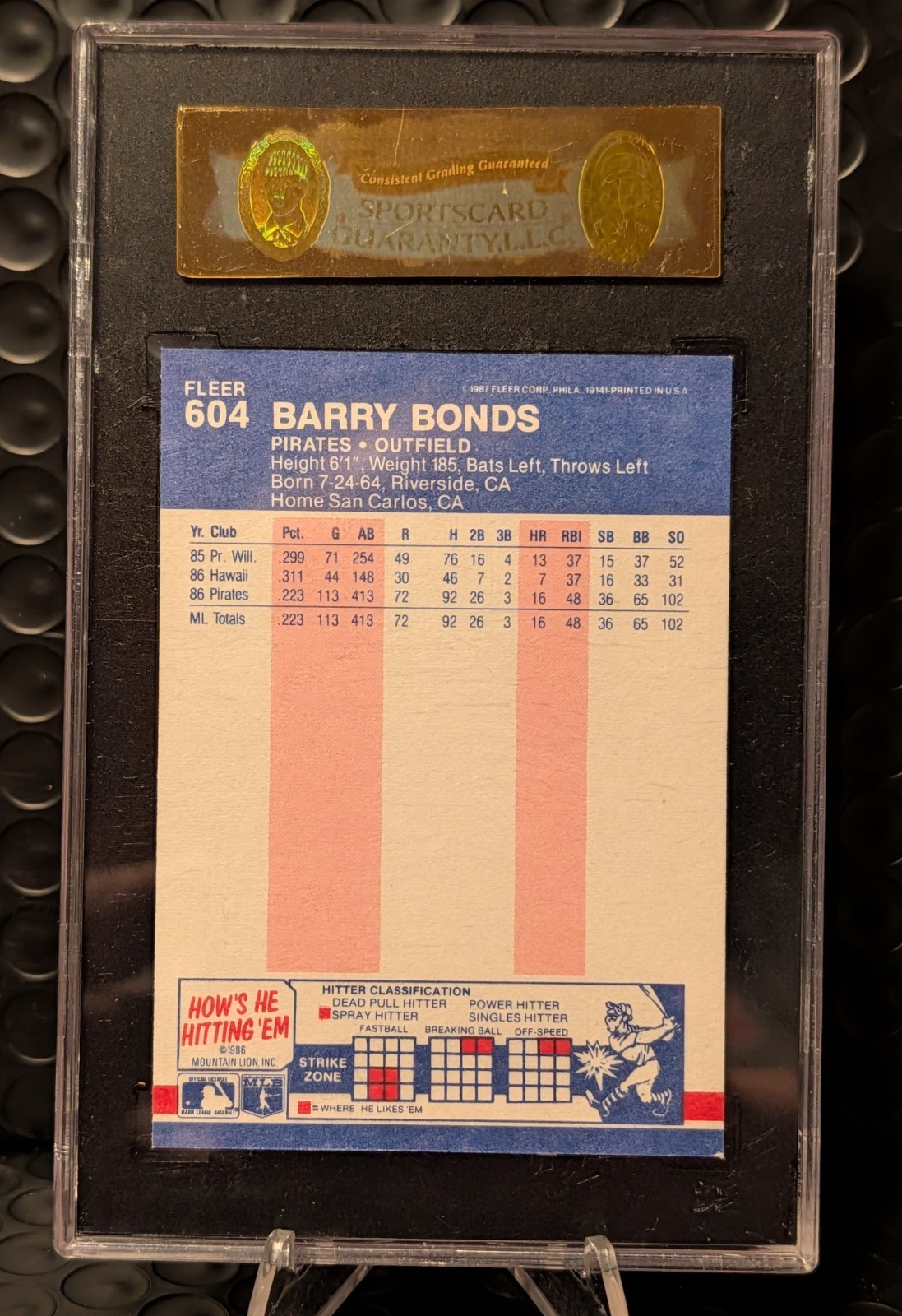 1987 Fleer Glossy #604 Barry Bonds RC PSA 9 - Pittsburgh Pirates view 2