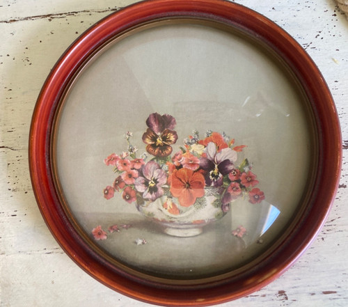 Vintage Peter Watson Studio Round Framed Floral Print Under Glass – Pansies